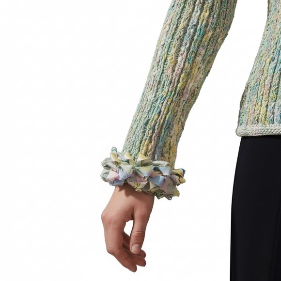 Cici Bianca Cardigan Sweater Ruffled Neckline Art to Wear Handwoven Small/Medium - Picture 7 of 11